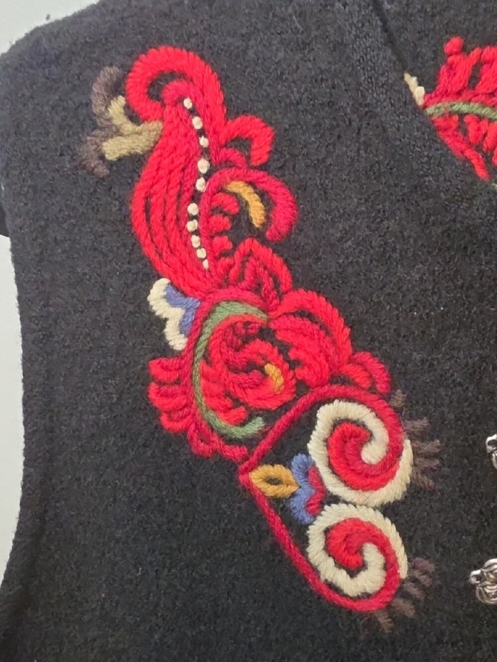 Vrikke Norwegian Black Wool Vest with Red Embroidered Accents Colorful Tradition - Picture 3 of 8